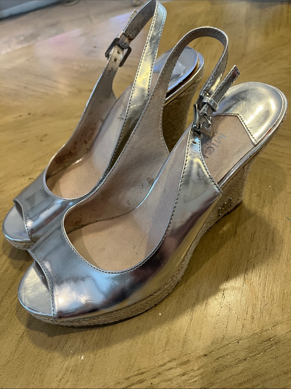 Michael Kors Silver Peep-Toe Espadrille Wedge Sandals
